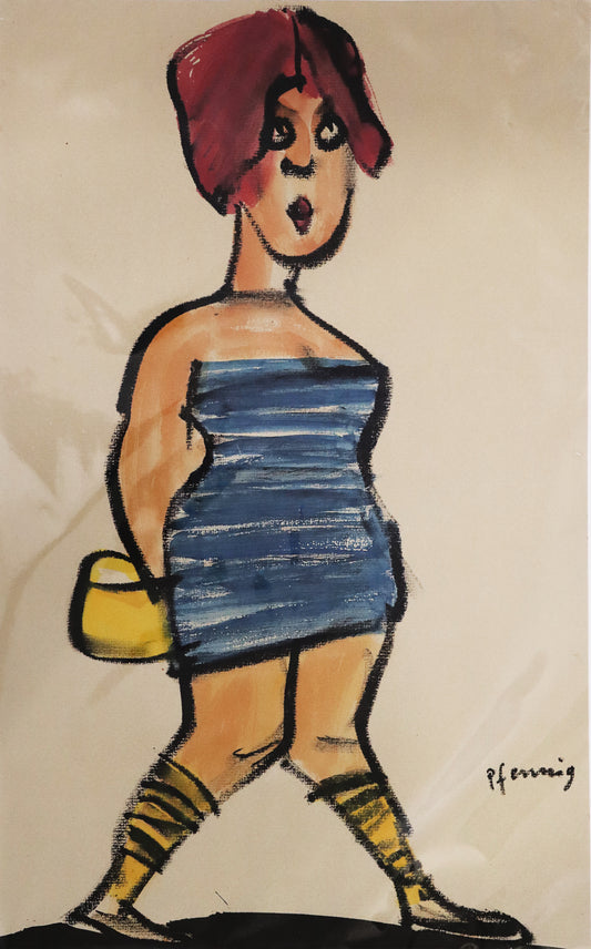 Original Mixed-Media-Malerei von Wolf-Dieter-Pfennig, Titel: „Blaues Kleid“– expressive Darstellung einer Frau im blauen Kleid, stehend,rote Haare, die Beine ab den Knien gespreizt. Mixed Media auf Papier, signiert, erhältlich bei Galerie Waldbach - What The Artist Made