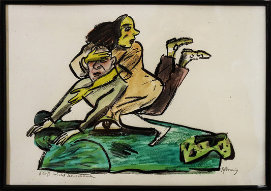 Original Mixed-Media-Malerei von Wolf-Dieter-Pfennig, Titel „Bloß nicht hinschauen“  – expressive Darstellung einer Frau, auf einem Mann sitzend. Sie verdeckt mit ihrer Hand seine Augen. Beide sitzen auf einem grünen Raubtierkopf, Leopard oder ähnlich. Mixed Media auf Papier, signiert, erhältlich bei Galerie Waldbach, What the Artist Made