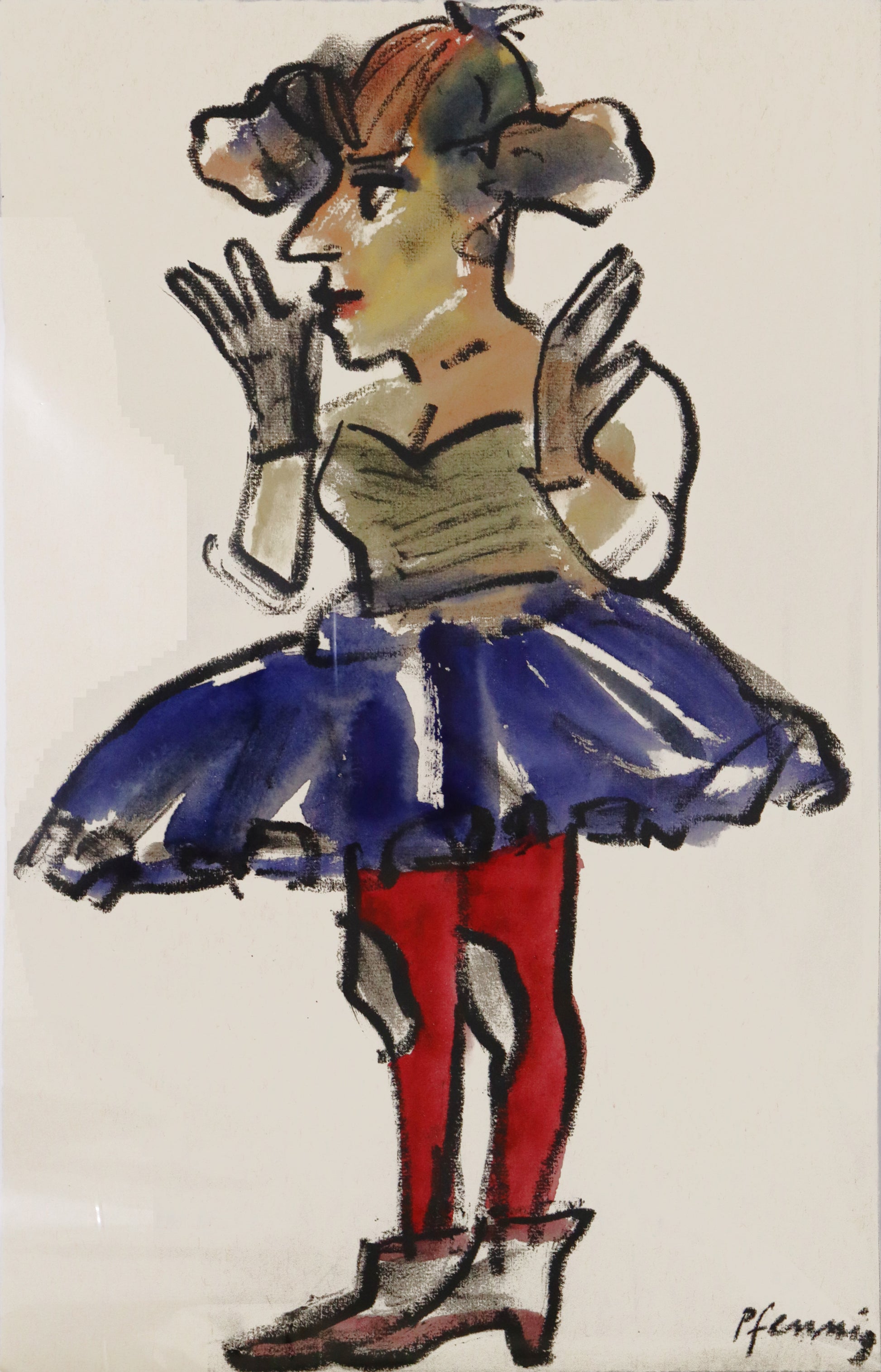 Original Mixed-Media-Malerei von Wolf-Dieter-Pfennig – expressive Darstellung einer Frau in Showkostüm, mit roter Strumpfhose und blauem Tutu. Mixed Media auf Papier, erhältlich bei Galerie Waldbach - What The Artist Made