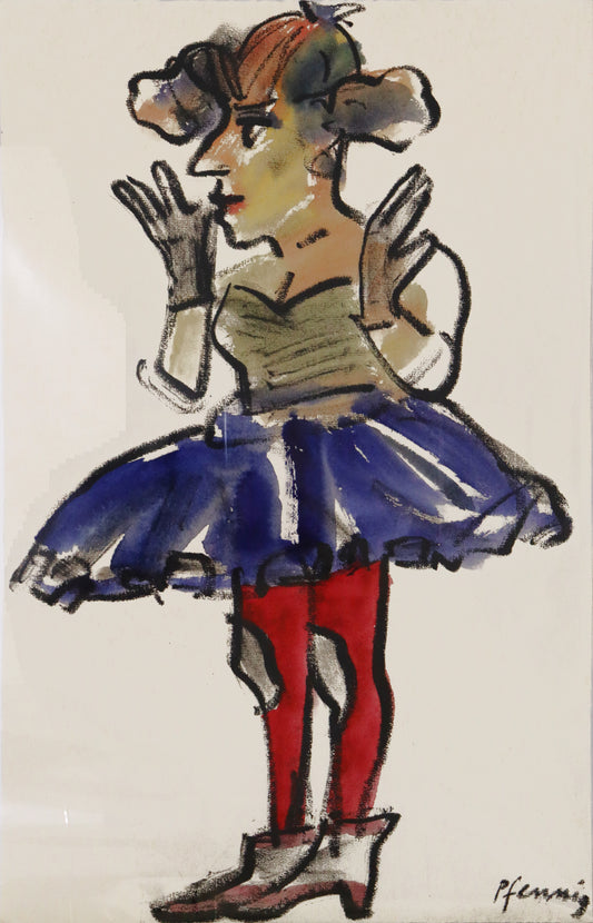 Original Mixed-Media-Malerei von Wolf-Dieter-Pfennig – expressive Darstellung einer Frau in Showkostüm, mit roter Strumpfhose und blauem Tutu. Mixed Media auf Papier, erhältlich bei Galerie Waldbach - What The Artist Made