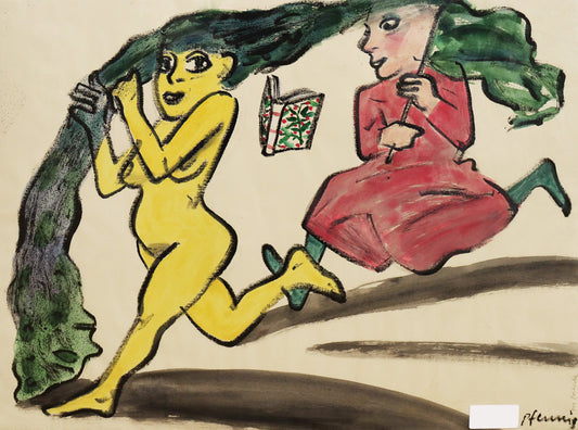 Original Mixed-Media-Malerei von Wolf-Dieter-Pfennig, Titel: „Das Poetische“ – expressive Darstellung einer unbekleideten Frau, rennend, ihr langes Haar wird zu einer schlafenden Figur und ein Teil verbindet sich mit der Person, die hinter ihr rennt, im roten Kleid, ein Buch vor sich schwebend. Mixed Media auf Papier, signiert, erhältlich bei Galerie Waldbach - What The Artist Made