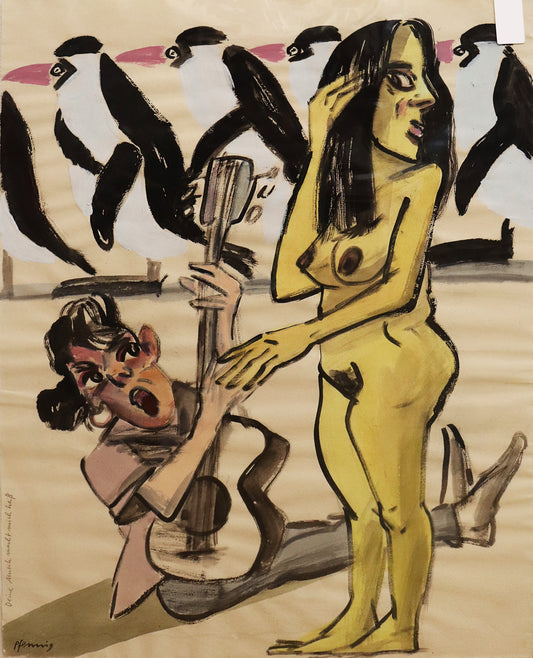 Original Mixed-Media-Malerei von Wolf-Dieter-Pfennig, Titel: „Deine Musik macht mich heiß“ – expressive Darstellung einer unbekleideten Frau vor einem Musiker stehend, er sitzt auf dem Boden und spielt Gitarre. Im Hintergrund ist eine Reihe an Pinguinen zu sehen. Mixed Media auf Papier, signiert, erhältlich bei Galerie Waldbach, What the Artist Made