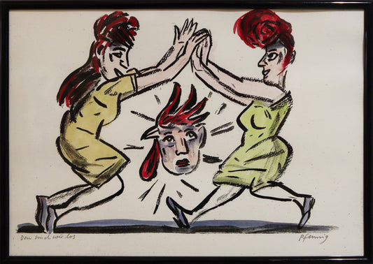 Original Mixed-Media-Malerei von Wolf-Dieter-Pfennig, Titel „Den sind wir los“  – expressive Darstellung zweier Frauen im Seitenprofil, tänzelnd die Hände abklatschend. Zwischen ihnen ein Kopf mit Haaren in Form eines Hahns . Mixed Media auf Papier, signiert, erhältlich bei Galerie Waldbach, What the Artist Made