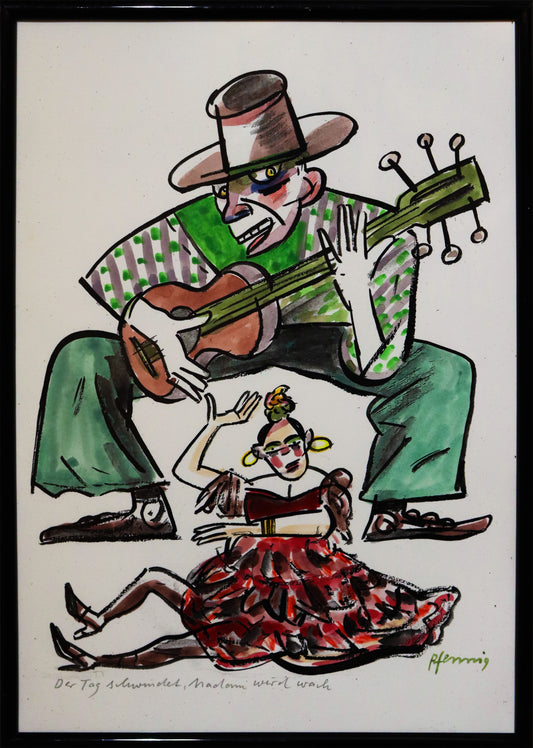 Original Mixed-Media-Malerei von Wolf-Dieter-Pfennig, Titel „Der Tag schwindet, Madame wird wach“  – expressive Darstellung einer Flamencotänzerin, sitzend im roten Kleid. Über/hinter ihr ein Gitarrespieler in grünem Anzug. Mixed Media auf Papier, signiert, erhältlich bei Galerie Waldbach, What the Artist Made