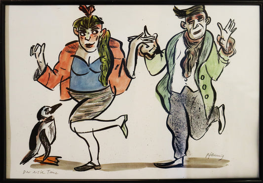 Original Mixed-Media-Malerei von Wolf-Dieter-Pfennig, Titel „Der erste Tanz“  – expressive Darstellung einer Frau und eines Mannes, beide das rechte Bein zum Tanz erhoben, von vorn dargestellt. Links neben beiden steht ein Pinguin. Mixed Media auf Papier, signiert, erhältlich bei Galerie Waldbach, What the Artist Made