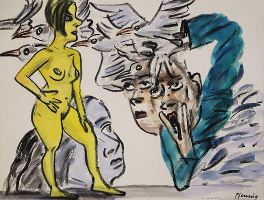 Original Mixed-Media-Malerei von Wolf-Dieter-Pfennig, Titel: „Der zweite Blick“ – expressive Darstellung einer unbekleideten Frau, stehend vor einer Person, die sie anstarrt und ein zweites Gesicht. Weiße Vögel (evtl. Möwen) fliegen aus dem Bild. Mixed Media auf Papier, signiert, erhältlich bei Galerie Waldbach, What the Artist Made