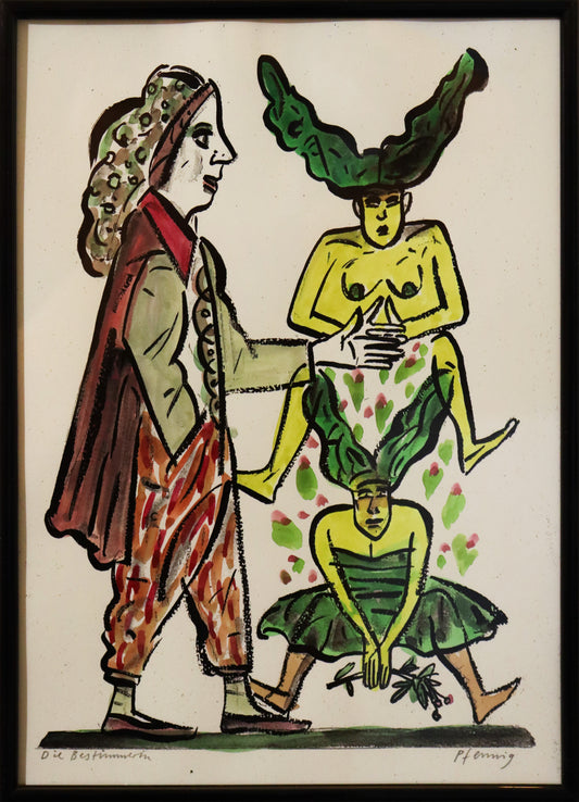 Original Mixed-Media-Malerei von Wolf-Dieter-Pfennig, Titel „Die Bestimmerin“  – expressive Darstellung einer Person, seitlich stehend, eine Hand in den Taschen, die andere ausgestreckt. Dahinter zwei Frauen in grün/gelb, eine im Kleid mit wehenden Haaren, darüber eine ähnliche Frau, unbekleidet. Mixed Media auf Papier, signiert, erhältlich bei Galerie Waldbach, What the Artist Made