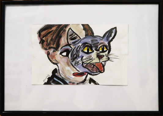 Original Mixed-Media-Malerei von Wolf-Dieter-Pfennig, Titel  „Die Philosophie ist eigentlich dazu da, das einzulösen, was im Blick eines Tieres liegt. Adorno“ – expressive Darstellung eines Porträts einer Person, der größte Teil des Gesichts ist verborgen hinter einem Katzenkopf, der die Zunge herausstreckt. In Blauviolett (Katzenkopf) und Braun/Beigetönen; im schwarzen Rahmen. Mixed Media auf Papier, signiert, erhältlich bei Galerie Waldbach, What the Artist Made