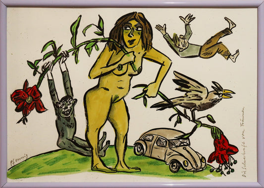 Original Mixed-Media-Malerei von Wolf-Dieter-Pfennig, Titel „Die Schwerkraft von Träumen“  – expressive Darstellung einer unbekleideten Frau, stehend, in beiden Händen große Blumen haltend. An einem Blumenstängel hängt ein Affe, auf dem anderen sitzt ein Vogel. Im Hintergrund fällt ein Mann herunter in Richtung eines stehenden Autos. Mixed Media auf Papier, signiert, erhältlich bei Galerie Waldbach, What the Artist Made