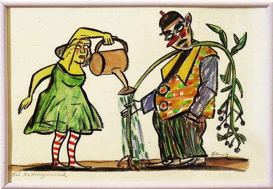 Original Mixed-Media-Malerei von Wolf-Dieter-Pfennig, Titel „Ein Rettungsversuch“  – expressive Darstellung einer Frau, eine Gießkanne hochhaltend. Rechts von ihr ein Clown, der die zu wässernde Pflanze hält, mit den Schultern stützt. Mixed Media auf Papier, signiert, erhältlich bei Galerie Waldbach, What the Artist Made
