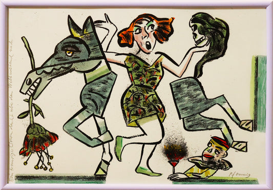 Original Mixed-Media-Malerei von Wolf-Dieter-Pfennig, Titel „Ein trauriger Clown denkt über den Weltzustand nach“  – expressive Darstellung einer Frau im Kleid, zwischen zwei Hälften eines Pferdes stehend, in einer Hand einen Schädel haltend. Ein Clown beobachtet die Szene. Mixed Media auf Papier, signiert, erhältlich bei Galerie Waldbach, What the Artist Made