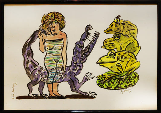 Original Mixed-Media-Malerei von Wolf-Dieter-Pfennig, Titel „Eine Drohung“  – expressive Darstellung einer Frau stehend, den Schwanz eines Krokodils/Alligators in der Hand haltend, welches hinter ihr steht. Daneben 3 Kröten/Frösche übereinander stehend. Krokodil in violett, Frösche in Gelb. Mixed Media auf Papier, signiert, erhältlich bei Galerie Waldbach, What the Artist Made