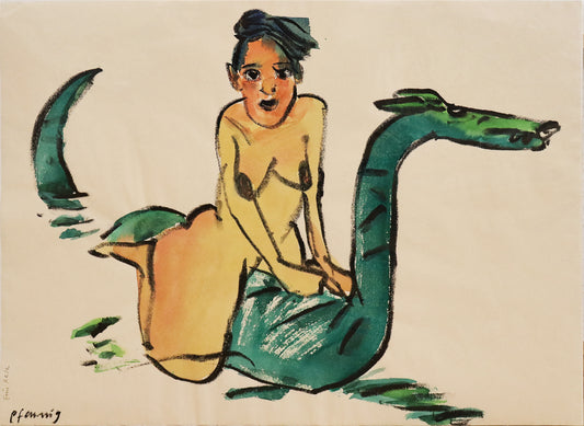 Original Mixed-Media-Malerei von Wolf-Dieter-Pfennig, Titel: „Eine Reise“ – expressive Darstellung einer unbekleideten Frau auf einer Seekreatur sitzend und durchs Wasser schwimmend. Mixed Media auf Papier, signiert, erhältlich bei Galerie Waldbach, What the Artist Made