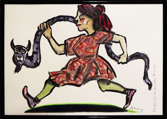 Original Mixed-Media-Malerei von Wolf-Dieter-Pfennig, Titel „Festen Schrittes aus dem Paradies“  – expressive Darstellung einer Frau, seitlich schnell laufend. Mit beiden Händen hält sie eine Schlage mit menschlichem Gesicht fest. Frau in rotem Kleid, Schlange in dunkelviolett. Mixed Media auf Papier, signiert, erhältlich bei Galerie Waldbach, What the Artist Made