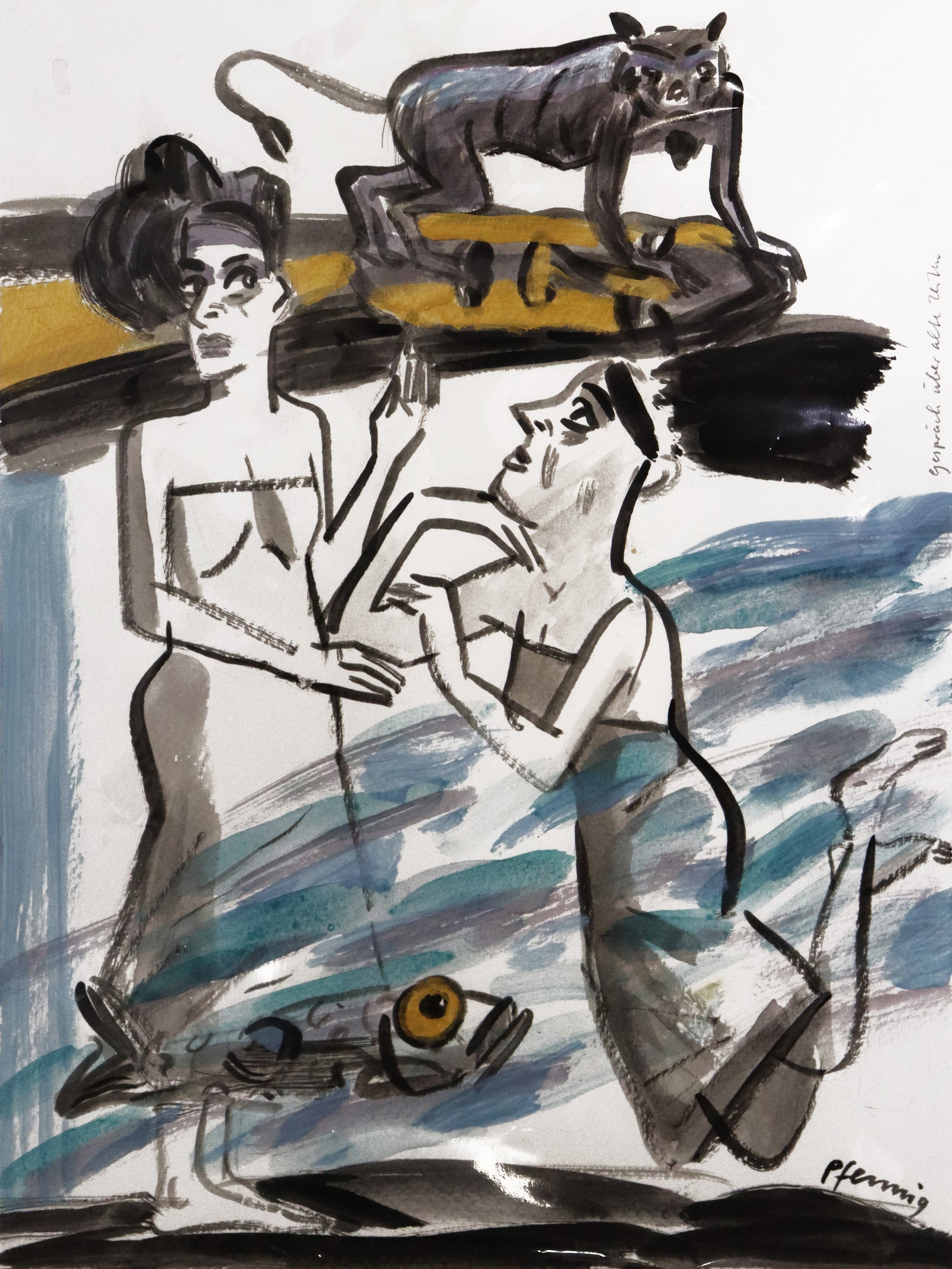 Original Mixed-Media-Malerei von Wolf-Dieter-Pfennig, Titel: „Gespräch über alte Zeiten“– expressive Darstellung zweier Frauen im Wasser, mit einem Fisch, dahinter ein Tier an Land, vermutlich ein Affe.  Mixed Media auf Papier, signiert, erhältlich bei Galerie Waldbach - What The Artist Made
