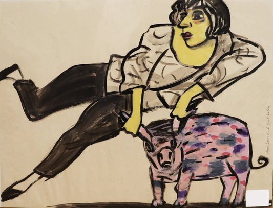 Original Mixed-Media-Malerei von Wolf-Dieter-Pfennig, Titel: „Man kann auch Glück haben“ – expressive Darstellung einer Person, liegend, vermutlich eine Frau, die Ohren eines Schweines umgreifend.  Mixed Media auf Papier, signiert, erhältlich bei Galerie Waldbach - What The Artist Made