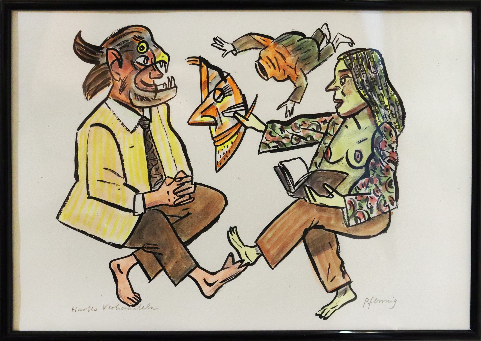 Original Mixed-Media-Malerei von Wolf-Dieter-Pfennig, Titel „Hartes Verhandeln“  – expressive Darstellung einer Frau, mit geöffnetem Hemd sitzend, ein Buch auf ihrem Schoß. Sie hält eine Maske, ihr gegenüber sitzt ein Mann, mit Tiermaske, die Hände verschränkt, lächelnd. Mixed Media auf Papier, signiert, erhältlich bei Galerie Waldbach, What the Artist Made