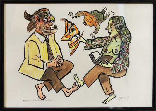 Original Mixed-Media-Malerei von Wolf-Dieter-Pfennig, Titel „Hartes Verhandeln“  – expressive Darstellung einer Frau, mit geöffnetem Hemd sitzend, ein Buch auf ihrem Schoß. Sie hält eine Maske, ihr gegenüber sitzt ein Mann, mit Tiermaske, die Hände verschränkt, lächelnd. Mixed Media auf Papier, signiert, erhältlich bei Galerie Waldbach, What the Artist Made