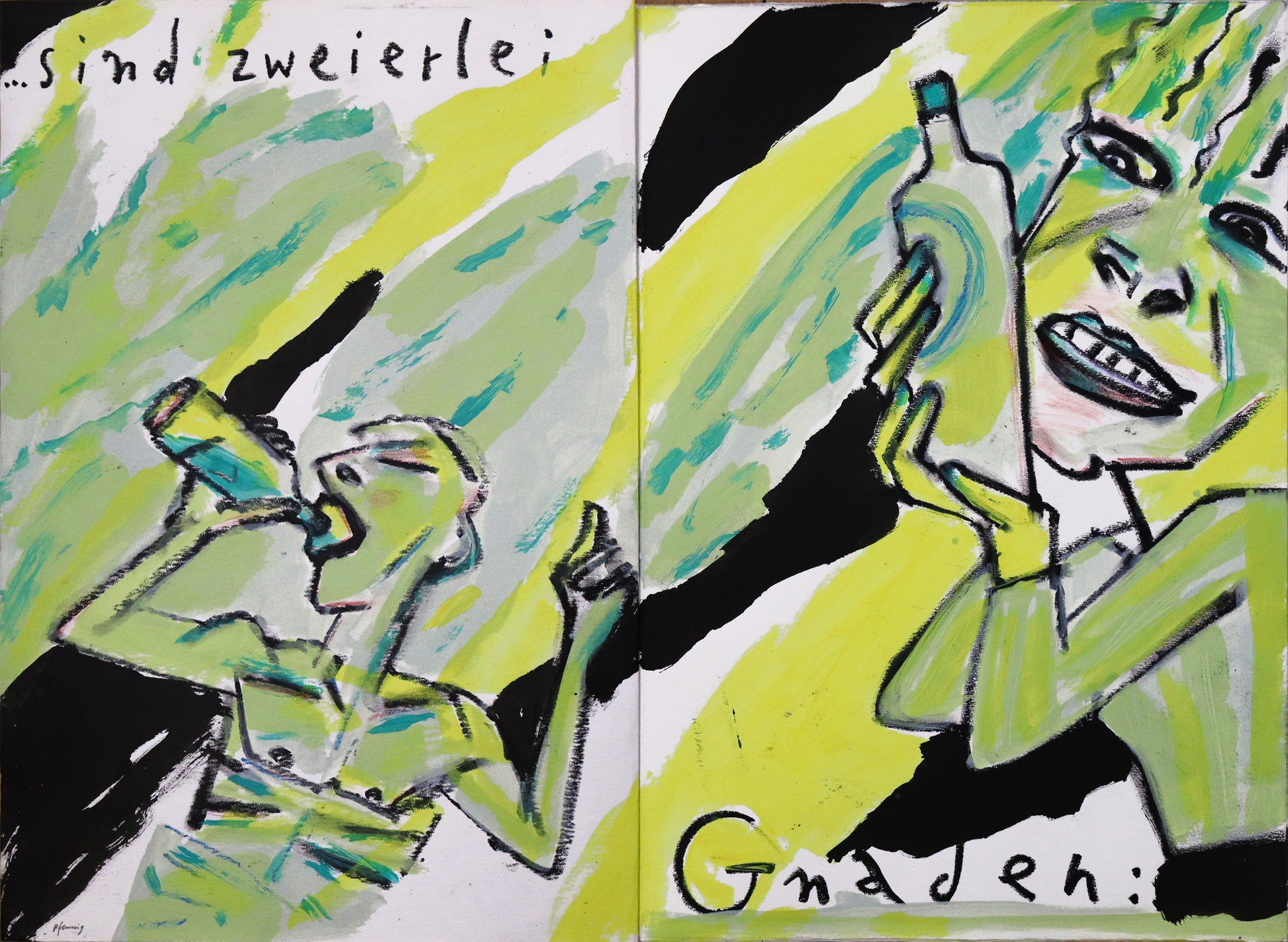 Original Mixed-Media-Objekt von Wolf-Dieter-Pfennig, Titel „Im Atemholen“  – gestaltetes Buch/Heft mit Illustrationen und Textstellen aus Goethes „Westöstlicher Divan - Buch des Sängers“. Abbildung der ersten Doppelseite mit Text „…sind zweierlei Gnaden“ grün-gelb-schwarz gestaltete Seiten mit zwei Menschen, die Flaschen hochhalten oder aus ihnen trinken, formloser Hintergrund in gelb, schwarz, grün, streifenartig. Mixed Media auf Papier, signiert, erhältlich bei Galerie Waldbach, What the Artist Made