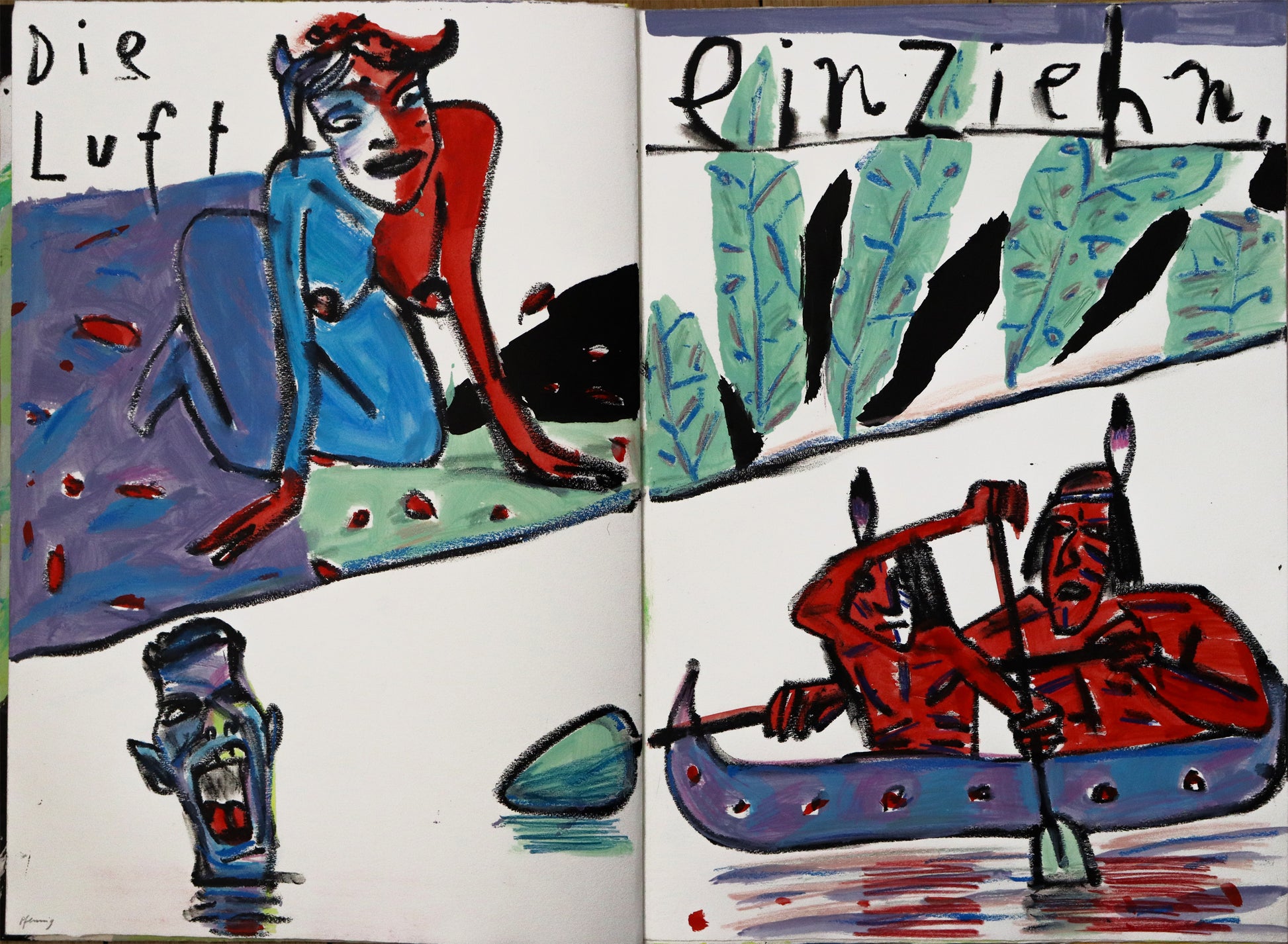 Original Mixed-Media-Objekt von Wolf-Dieter-Pfennig, Titel „Im Atemholen“  – gestaltetes Buch/Heft mit Illustrationen und Textstellen aus Goethes „Westöstlicher Divan - Buch des Sängers“. Abbildung der zweiten Doppelseite mit Text „Die Luft ein Ziehn,“ rot-blau-grün-schwarz gestaltete Seiten mit zwei Indigenen in Kajak, eine weitere Person streckt den Kopf aus dem Wasser, darüber an Land knieend eine unbekleidete Frau. Mixed Media auf Papier, signiert, erhältlich bei Galerie Waldbach, What the Artist Made