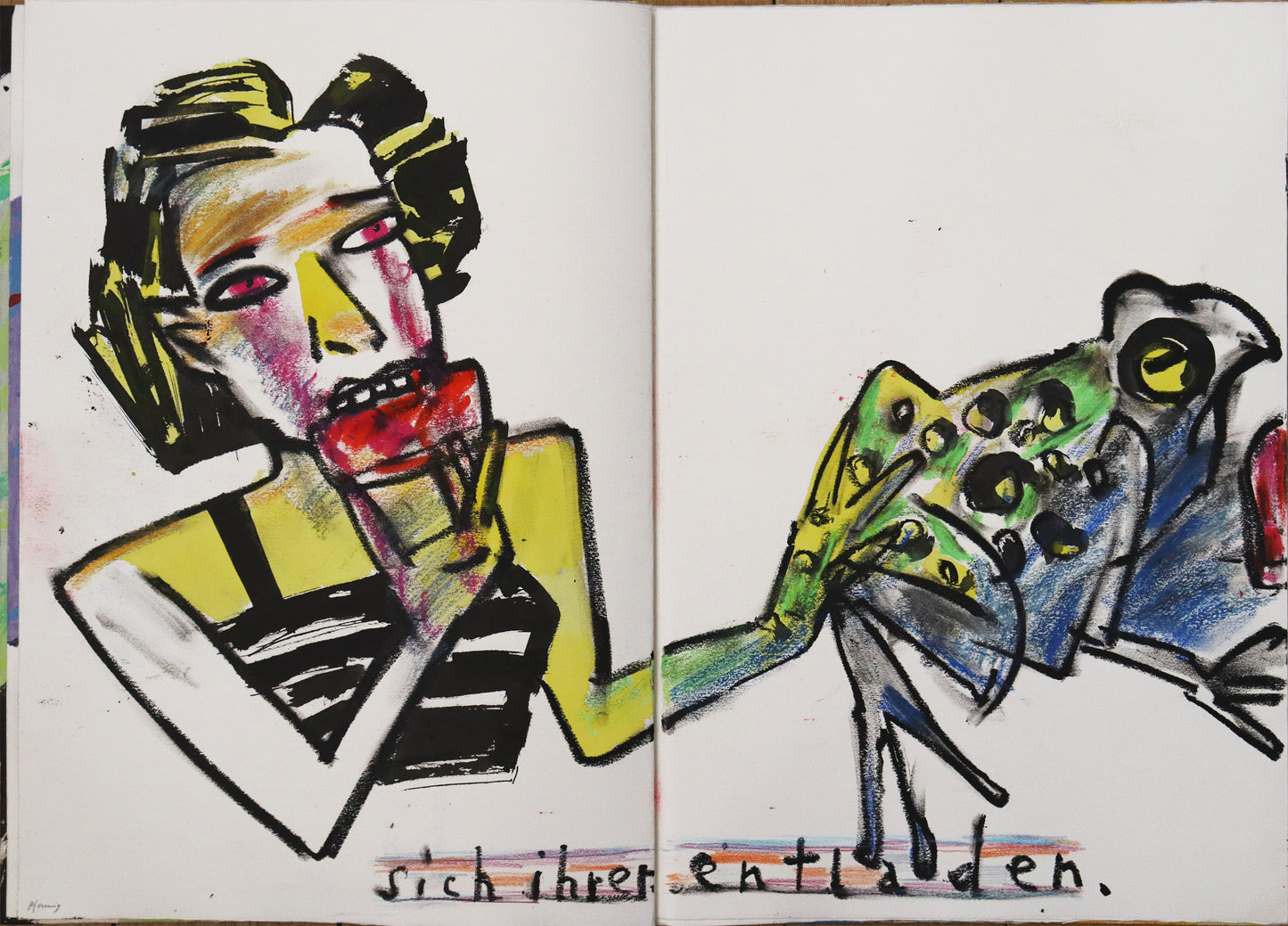 Original Mixed-Media-Objekt von Wolf-Dieter-Pfennig, Titel „Im Atemholen“  – gestaltetes Buch/Heft mit Illustrationen und Textstellen aus Goethes „Westöstlicher Divan - Buch des Sängers“. Abbildung der dritten Doppelseite mit Text „sich ihrer entladen.“ Eine Frau isst ein Brot und hält die Hand an eine Kröte. In gelb, schwarz, blau, grün. Mixed Media auf Papier, signiert, erhältlich bei Galerie Waldbach, What the Artist Made