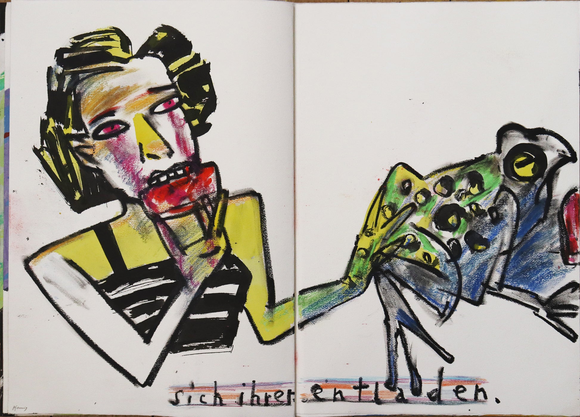 Original Mixed-Media-Objekt von Wolf-Dieter-Pfennig, Titel „Im Atemholen“  – gestaltetes Buch/Heft mit Illustrationen und Textstellen aus Goethes „Westöstlicher Divan - Buch des Sängers“. Abbildung der dritten Doppelseite mit Text „sich ihrer entladen.“ Eine Frau isst ein Brot und hält die Hand an eine Kröte. In gelb, schwarz, blau, grün. Mixed Media auf Papier, signiert, erhältlich bei Galerie Waldbach, What the Artist Made