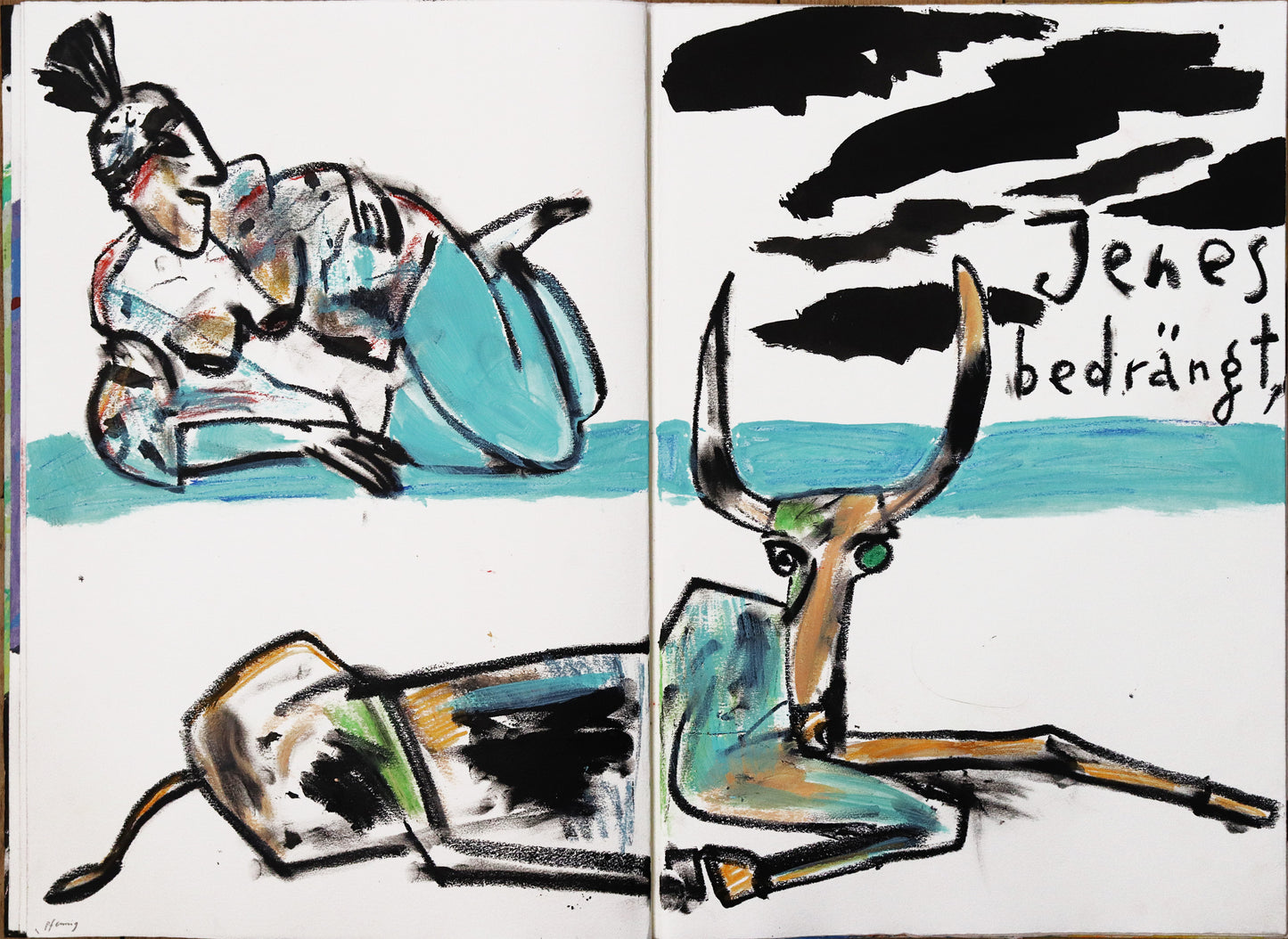 Original Mixed-Media-Objekt von Wolf-Dieter-Pfennig, Titel „Im Atemholen“  – gestaltetes Buch/Heft mit Illustrationen und Textstellen aus Goethes „Westöstlicher Divan - Buch des Sängers“. Abbildung der vierten Doppelseite mit Text „Jenes bedrängt,“ Eine unbekleidete Frau liegt und schaut in Richtung des Schriftzuges, im Vordergrund ein Stier liegend. Hellblau, schwarz und braun. Mixed Media auf Papier, signiert, erhältlich bei Galerie Waldbach, What the Artist Made