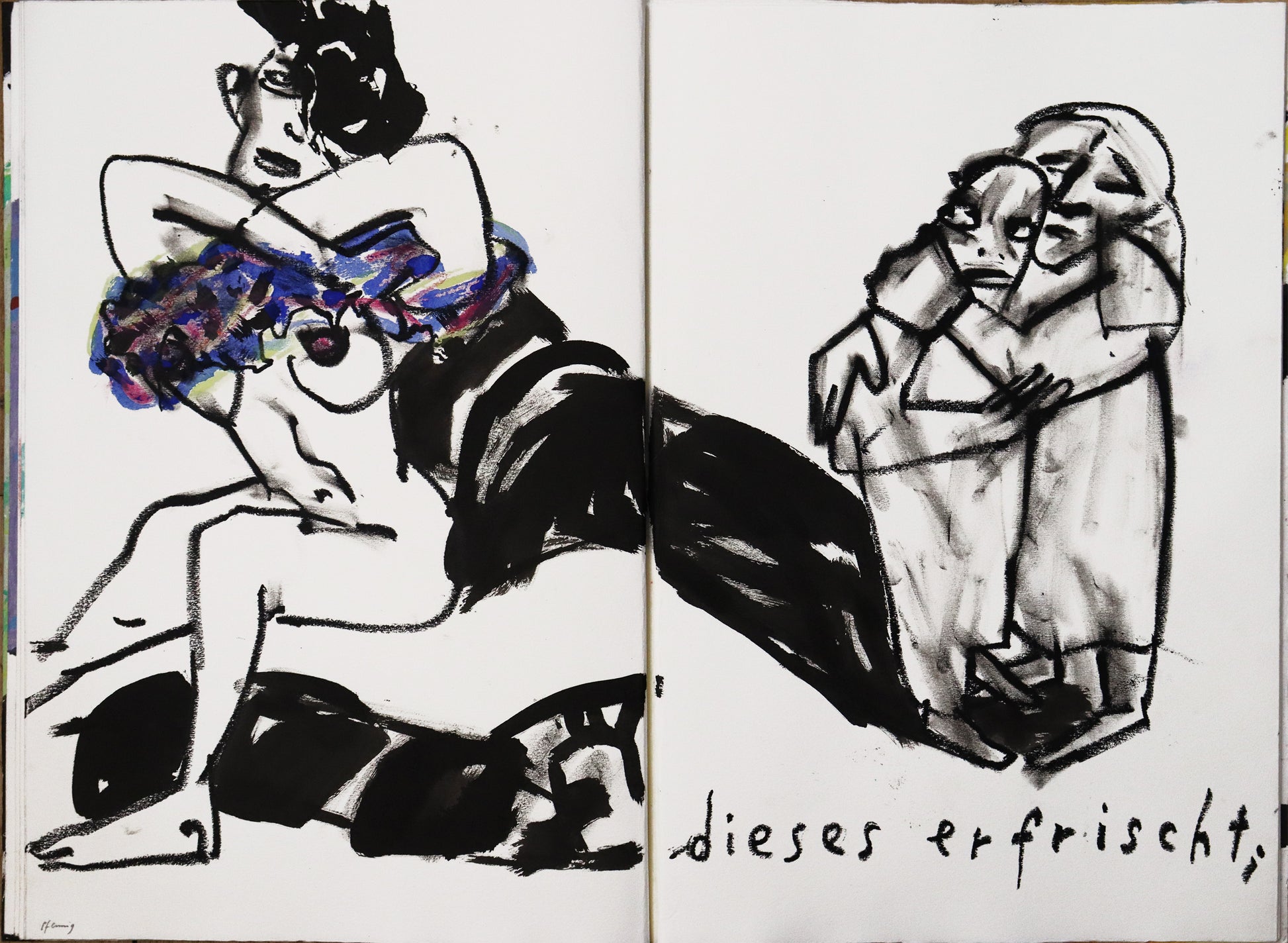 Original Mixed-Media-Objekt von Wolf-Dieter-Pfennig, Titel „Im Atemholen“  – gestaltetes Buch/Heft mit Illustrationen und Textstellen aus Goethes „Westöstlicher Divan - Buch des Sängers“. Abbildung der fünften Doppelseite mit Text „dieses erfrischt;“ Eine unbekleidete Frau, sitzend, sich ihre Kleidung ausziehend. Ihr Schatten und der zweier Figuren auf der rechten Seite verbinden sich. Die Figuren halten sich gegenseitig Mixed Media auf Papier, signiert, erhältlich bei Galerie Waldbach, What the Artist Made