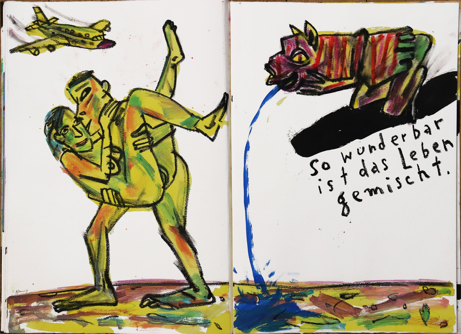 Original Mixed-Media-Objekt von Wolf-Dieter-Pfennig, Titel „Im Atemholen“  – gestaltetes Buch/Heft mit Illustrationen und Textstellen aus Goethes „Westöstlicher Divan - Buch des Sängers“. Abbildung der sechsten Doppelseite mit Text „so wunderbar ist das Leben gemischt.“ Unbekleidetes Paar - Mann hält Frau im Arm. Wasserspeier und Flugzeug. Mixed Media auf Papier, signiert, erhältlich bei Galerie Waldbach, What the Artist Made