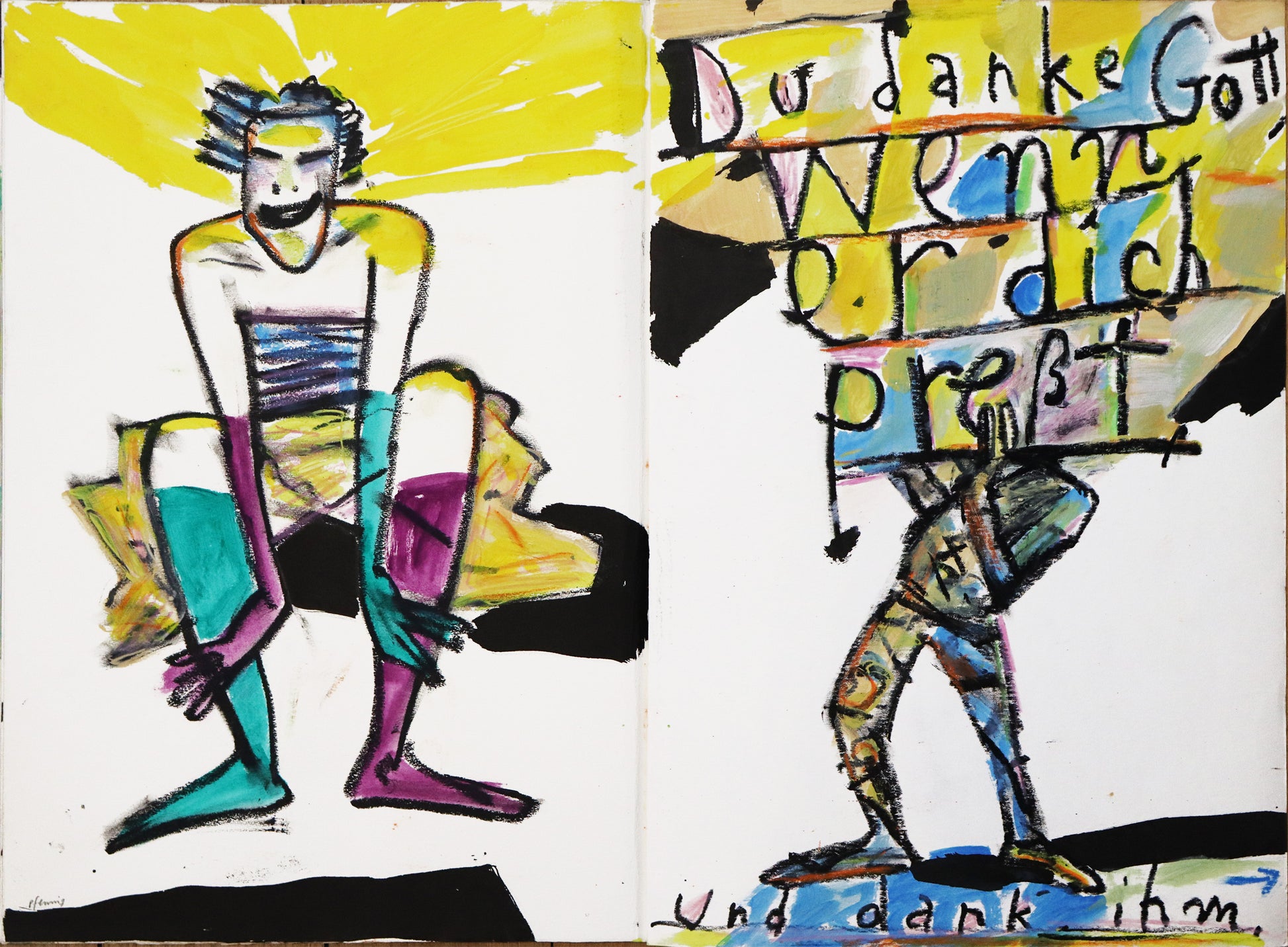 Original Mixed-Media-Objekt von Wolf-Dieter-Pfennig, Titel „Im Atemholen“  – gestaltetes Buch/Heft mit Illustrationen und Textstellen aus Goethes „Westöstlicher Divan - Buch des Sängers“. Abbildung der siebten Doppelseite mit Text „Du danke Gott, wenn er dich preßt,“ Unbekleidetes Paar - Mann hält Frau im Arm. Wasserspeier und Flugzeug. Mixed Media auf Papier, signiert, erhältlich bei Galerie Waldbach, What the Artist Made