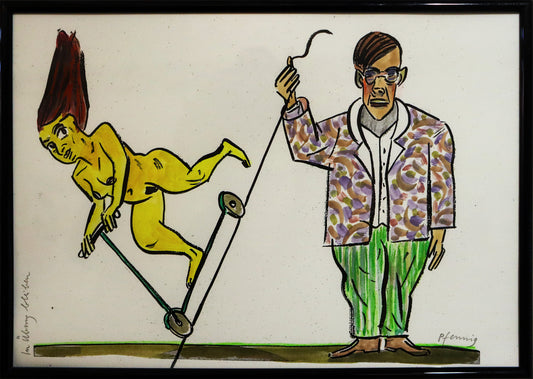 Original Mixed-Media-Malerei von Wolf-Dieter-Pfennig, Titel „In Übung bleiben“  – expressive Darstellung eines Mannes in Anzug, stehend, mit der linken Hand eine Schnur schräg haltend. Quer über die Schnur fährt eine Frau auf einem Roller, unbekleidet. Mixed Media auf Papier, signiert, erhältlich bei Galerie Waldbach, What the Artist Made
