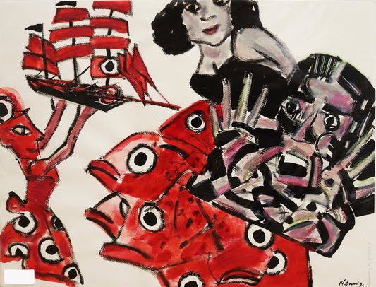 Original Mixed-Media-Malerei von Wolf-Dieter-Pfennig, Titel: „Erinnerungen an Jamaica“ – expressive Darstellung von roten Fischen, übergehend in eine Frau mit rotem Kleid, die ein rotes Schiffsmodell trägt. Kontrastierend in Schwarz ein Mann, die H#nde vor sich haltend, dahinter eine Frau in schwarzem Kleid.  Mixed Media auf Papier, signiert, erhältlich bei Galerie Waldbach - What The Artist Made