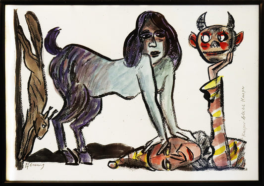 Original Mixed-Media-Malerei von Wolf-Dieter-Pfennig, Titel „Kasper bleibt Kasper“  – expressive Darstellung eines Mischwesens aus Frau und den Hnterbeinen einer Ziege, sich auf dem Kopf eines liegenden Kaspers stützend. Dieser hält eine Teufelsmaske hoch, am linken Bildrand ein Eichhörnchen. Mixed Media auf Papier, signiert, erhältlich bei Galerie Waldbach, What the Artist Made