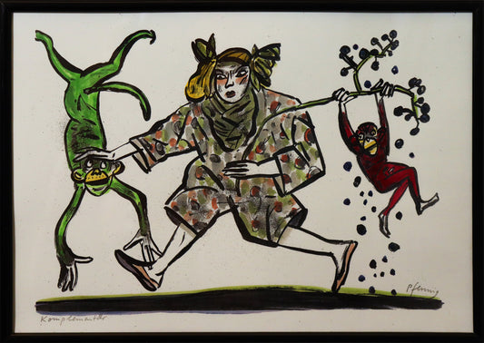 Original Mixed-Media-Malerei von Wolf-Dieter-Pfennig, Titel „Komplementär“  – expressive Darstellung einer Person, in der rechten Hand einen Zweig haltend, an dem ein roter Affe hängt. Vom Zweig fallen Beeren/Blätter ab. Links hängt ein grüner Affe in der Luft, die Hand der Person auf seinem Kopf. Mixed Media auf Papier, signiert, erhältlich bei Galerie Waldbach, What the Artist Made