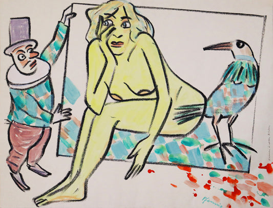 Original Mixed-Media-Malerei von Wolf-Dieter-Pfennig, Titel: „Kramen in alten Bildern“ – expressive Darstellung einer unbekleideten Frau, sitzend neben einem Vogel. Eine Clownsfigur hält  ein Bild hoch, in dem die Frau sitzt. Sie wirkt wie ein Gemälde/Zeichnung, aber ihre Füße schauen aus dem Bild heraus. Mixed Media auf Papier, signiert, erhältlich bei Galerie Waldbach, What the Artist Made
