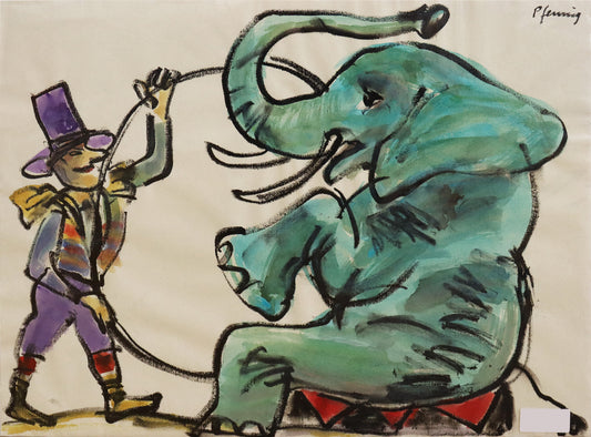 Original Mixed-Media-Malerei von Wolf-Dieter-Pfennig, Titel: „Kunststück“ – expressive Darstellung eines grünen Elefanten, sitzend auf Podest. Ein Artist geht auf ihn zu mit einem großen Reifen. Mixed Media auf Papier, signiert, erhältlich bei Galerie Waldbach, What the Artist Made