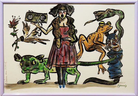 Original Mixed-Media-Malerei von Wolf-Dieter-Pfennig, Titel „Lärm am Strand“  – expressive Darstellung einer Frau im Kleid, stehend und singend, mit einem Radio in der Hand. Hinter ihr verschiedene Tiere und Fabelfiguren, sowie ein Vogel mit Blume im Schnabel. Mixed Media auf Papier, signiert, erhältlich bei Galerie Waldbach, What the Artist Made