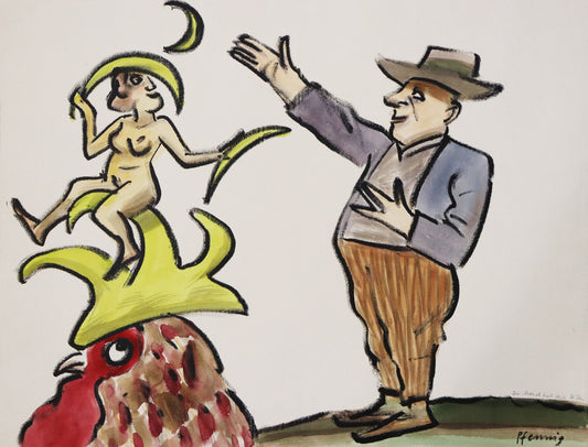 Original Mixed-Media-Malerei von Wolf-Dieter-Pfennig, Titel "Der Mond hat feste Zeiten" – expressive Darstellung einer  unbekleideten Frau, auf dem Kamm eines Hahns sitzend und gelbe Sichelformen jonglierend. Neben ihr steht ein Mann und zeigt auf eine der Sicheln.  Mixed Media auf Papier, signiert, erhältlich bei Galerie Waldbach, What the Artist Made