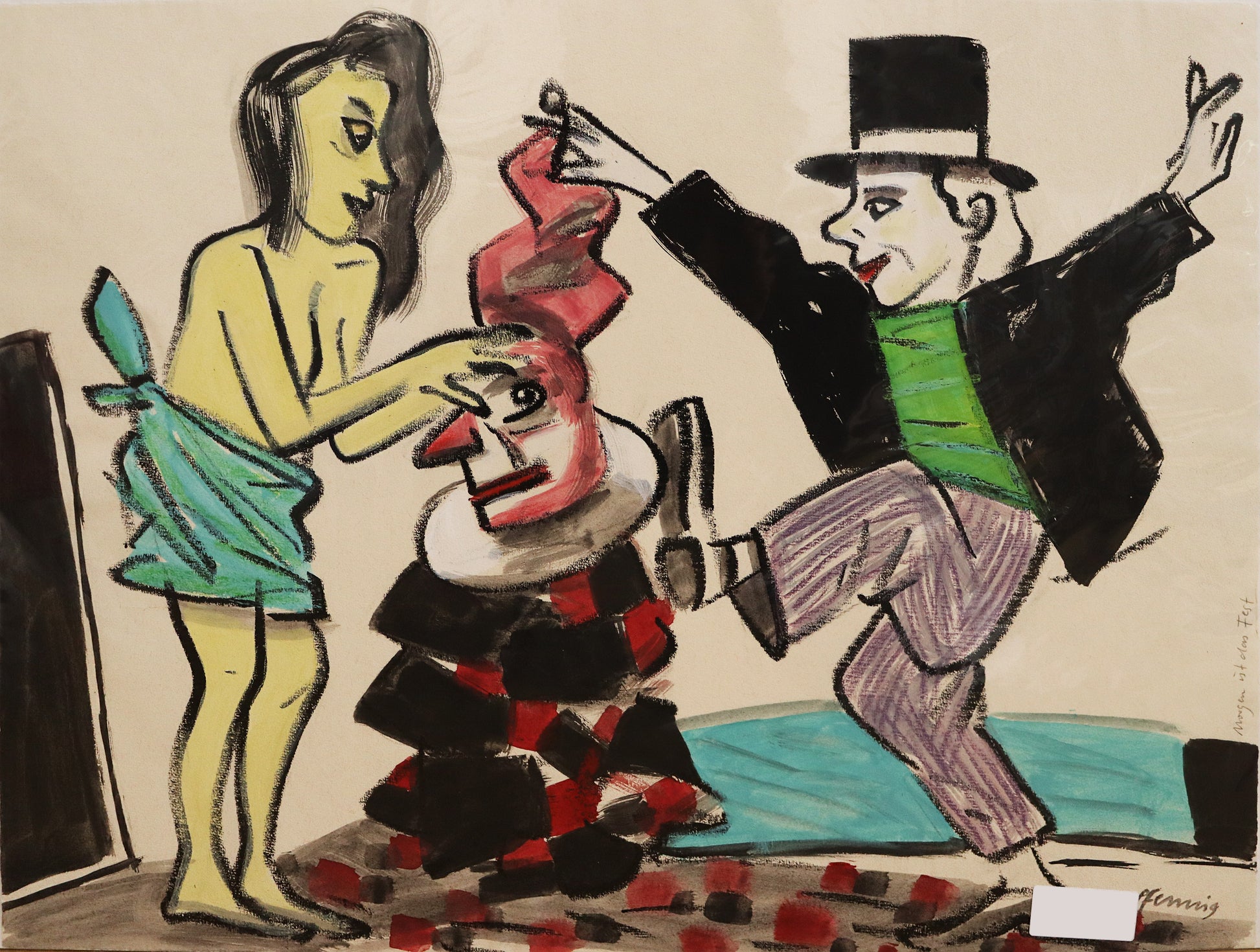 Original Mixed-Media-Malerei von Wolf-Dieter-Pfennig, Titel: „Morgen ist das Fest“ – expressive Darstellung einer Frau und eines Mannes, er tanzend, sie formt eine Figur, die zwischen beiden sitzt, oder macht ihre Haare. Mixed Media auf Papier, signiert, erhältlich bei Galerie Waldbach, What the Artist Made