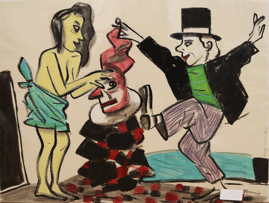 Original Mixed-Media-Malerei von Wolf-Dieter-Pfennig, Titel: „Morgen ist das Fest“ – expressive Darstellung einer Frau und eines Mannes, er tanzend, sie formt eine Figur, die zwischen beiden sitzt, oder macht ihre Haare. Mixed Media auf Papier, signiert, erhältlich bei Galerie Waldbach, What the Artist Made