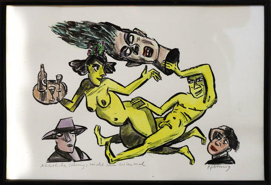 Original Mixed-Media-Malerei von Wolf-Dieter-Pfennig, Titel „Nächtliche Störung, nicht zum ersten Mal“  – expressive Darstellung einer Frau und eines Mannes, unbekleidet, die Beine verschränkt, wie zum Akt. Um beide herum Gesichter. Die Frau hält ein Tablett. Beide in gelbem Farbton. Mixed Media auf Papier, signiert, erhältlich bei Galerie Waldbach, What the Artist Made