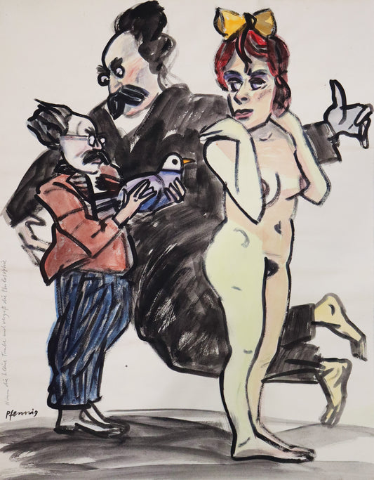 Original Mixed-Media-Malerei von Wolf-Dieter-Pfennig, Titel "Nimm die kleien Taube und vergiß die Philosophie"  – expressive Darstellung einer Gruppe  aus drei Personen,  eine davon vermutlich Friedrich Nietzsche. Er hält eine Taube, neben ihn ein schwebender Mann, den Arm um ihn ausbreitend. Rechts daneben eine unbekleidete Frau, über die Schulter zu ihnen blickend. Mixed Media auf Papier, signiert, erhältlich bei Galerie Waldbach, What the Artist Made