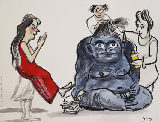 Original Mixed-Media-Malerei von Wolf-Dieter-Pfennig, Titel: „Der Philosph setzt sich durch“  – expressive Darstellung eines Gorillas, dessen Haare frisiert werden von zwei Personen. Er hält mit einer Hand ein Buch auf einem Stapel offen. Daneben sitzt/schwebt eine Frau im roten Kleid. Mixed Media auf Papier, signiert, erhältlich bei Galerie Waldbach, What the Artist Made