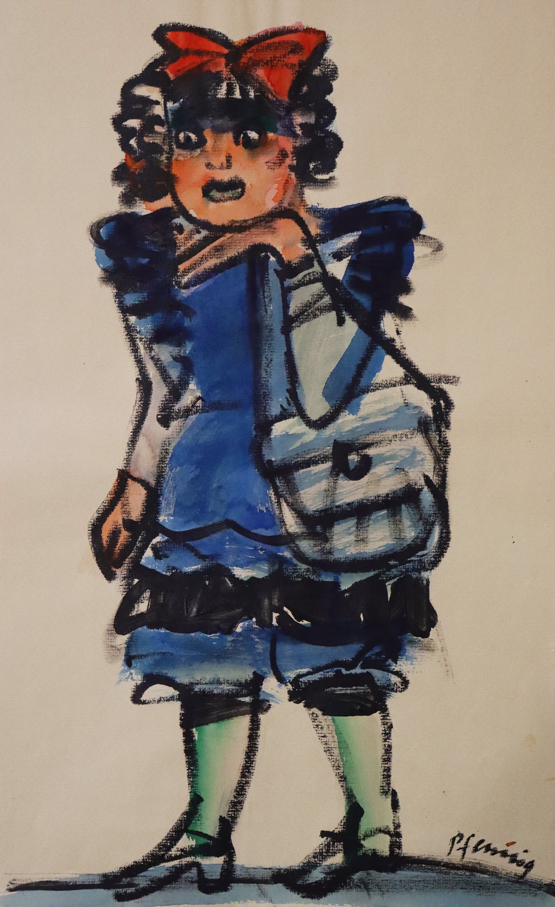 Original Mixed-Media-Malerei von Wolf-Dieter-Pfennig, Titel: „Rote Schleife“– expressive Darstellung einer Frau im blauen Kleid, mit Handtasche, die Hand unter das Kinn haltend. Mit einer roten Schleife auf dem Kopf. Mixed Media auf Papier, signiert, erhältlich bei Galerie Waldbach - What The Artist Made