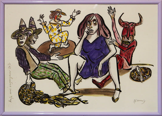 Original Mixed-Media-Malerei von Wolf-Dieter-Pfennig, Titel „Rufe aus vergangener Zeit“  – expressive Darstellung einer Frau, im violetten Kleid sitzend. Rechts neben ihr sitzt eine teufelartige Figur in rot, links eine weitere Figur mit zwei Köpfen und Hüten, dahinter ein Clown. Mixed Media auf Papier, signiert, erhältlich bei Galerie Waldbach, What the Artist Made