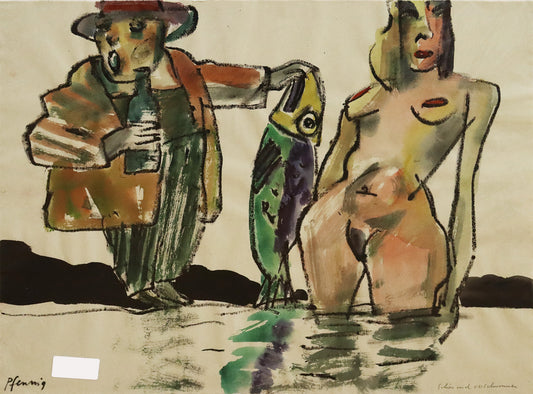 Original Mixed-Media-Malerei von Wolf-Dieter-Pfennig, Titel: „Schön verschwommen“ – expressive Darstellung einer unbekleideten Frau, im Wasser stehend. Hinter ihr an Land ein Mann stehend, mit einer Flasche und einen Fisch zu ihr haltend. Sie hat den Blick abgewendet. Mixed Media auf Papier, signiert, erhältlich bei Galerie Waldbach - What The Artist Made