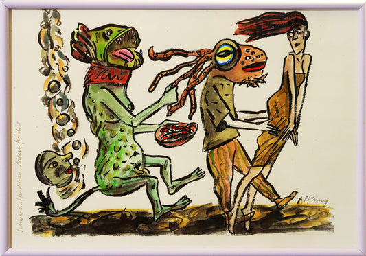 Original Mixed-Media-Malerei von Wolf-Dieter-Pfennig, Titel „Schwerauffindbare Meeresfrüchte“  – expressive Darstellung einer Frau im Kleid, in Reihe tanzend/schreitend, hinter ihr Fabelwesen, eines an ein Kappa Erinnerndes trägt einen Teller mit Fischen. Ein anderes hat einen Oktopus-Kopf. Mixed Media auf Papier, signiert, erhältlich bei Galerie Waldbach, What the Artist Made