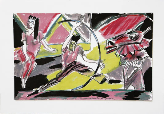 Original Mixed-Media-Malerei von Wolf-Dieter-Pfennig, Titel "Sommertheater in Baden" – expressive Darstellung einer Gruppe - eine Frau sitzt links und schaut auf  die Szene. Ein Mann ist in der Mitte in Bewegung mit einem halben Reifen/gebogenen Stab. Rechts hält eine Frau eine Pferdemaske über den Kopf. In rot, gelb und schwarzen Farben. Mixed Media auf Papier, signiert, erhältlich bei Galerie Waldbach, What the Artist Made