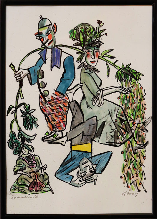 Original Mixed-Media-Malerei von Wolf-Dieter-Pfennig, Titel „Sommerwende“  – expressive Darstellung einer Personengruppe, Frau im Kleid mit Pflanzen als Kopfbedeckung, ihr ggü. ein Mann im Harlekinkostüm, große Blumen/Pflanzenstängel haltend. Unter beiden ein Mann liegend und eine Frau im grünen Kleid. Mixed Media auf Papier, signiert, erhältlich bei Galerie Waldbach, What the Artist Made