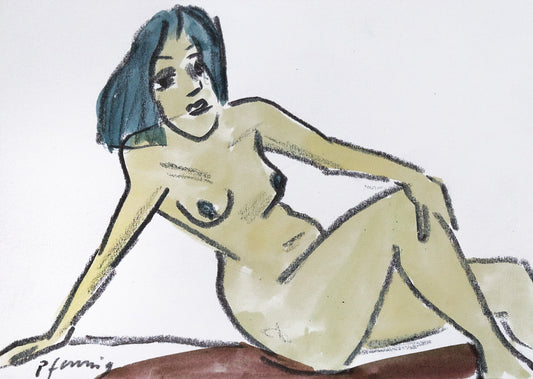 Original Mixed-Media-Malerei von Wolf-Dieter-Pfennig, ohne Titel  – expressive Darstellung einer unbekleideten Frau, sitzend und posierend. Eine Hand auf dem angewinkelten Knie, der andere Arm hinter sich gestreckt. Mixed Media auf Papier, signiert, erhältlich bei Galerie Waldbach, What the Artist Made